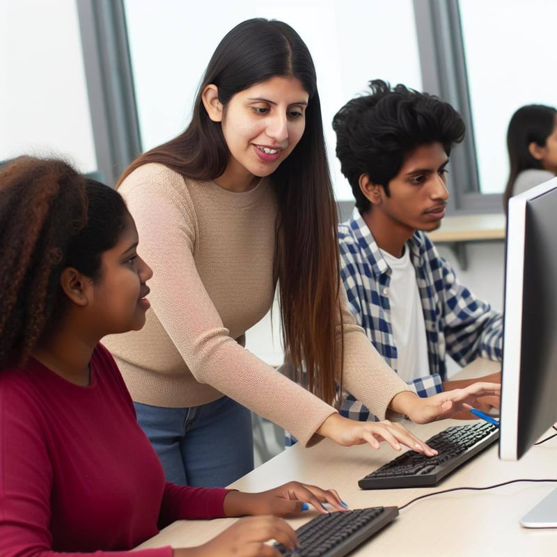 学生のPCスキルをサポートする若い女性